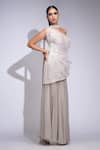 Shruti S_Beige Satin, Organza, Georgette Sequins, Beads Asymmetric Tunic Skirt Set _Online_at_Aza_Fashions