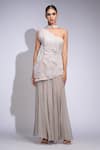 Buy_Shruti S_Beige Satin, Organza, Georgette Sequins, Beads Asymmetric Tunic Skirt Set _Online_at_Aza_Fashions