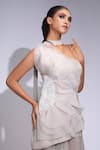 Buy_Shruti S_Beige Satin, Organza, Georgette Sequins, Beads Asymmetric Tunic Skirt Set 
