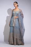 Buy_Shruti S_Gray Silk, Modal, Organza Embroidery Grey Hand Block Printed Kurta Sharara Set _Online_at_Aza_Fashions