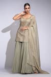 Buy_Shruti S_Green Silk, Crepe, Organza Sequins, Pearls Round Embroidered Kurta Sharara Set _at_Aza_Fashions