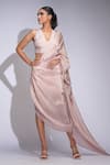 Shruti S_Pink Tussar, Silk Sequins V-neck Padded Gold Designer Saree Set _Online_at_Aza_Fashions