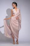 Buy_Shruti S_Pink Tussar, Silk Sequins V-neck Padded Gold Designer Saree Set _Online_at_Aza_Fashions
