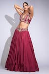 Shruti S_Maroon Silk, Georgette Sequins, Embroidery, Zari, Crystals V-neck Lehenga Set _Online_at_Aza_Fashions