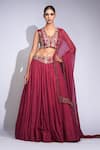 Buy_Shruti S_Maroon Silk, Georgette Sequins, Embroidery, Zari, Crystals V-neck Lehenga Set 