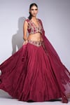Shop_Shruti S_Maroon Silk, Georgette Sequins, Embroidery, Zari, Crystals V-neck Lehenga Set 
