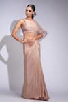 Shruti S_Rose Gold Tussar, Organza, Crepe Sequins Round Neck Pre-draped Saree Set _Online_at_Aza_Fashions