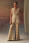 Buy_Twenty Nine_Gold Georgette Sequins, Embroidery V-neck Scallop Peplum Tunic _Online_at_Aza_Fashions
