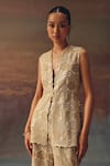 Buy_Twenty Nine_Gold Georgette Sequins, Embroidery V-neck Scallop Peplum Tunic _at_Aza_Fashions