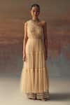 Buy_Twenty Nine_Peach Net Asymmetric One Shoulder Anarkali Dress _at_Aza_Fashions