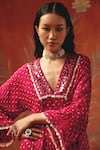 Twenty Nine_Red Silk Sequins, Embroidery V-neck Designer Wild Berry Kurta _at_Aza_Fashions