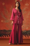 Twenty Nine_Red Gabardine Sequins Notched Neck Wild Berry Designer Kurta  _Online_at_Aza_Fashions