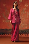 Shop_Twenty Nine_Red Gabardine Sequins Notched Neck Wild Berry Designer Kurta  _Online_at_Aza_Fashions