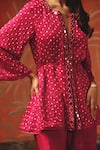 Twenty Nine_Red Gabardine Sequins Notched Neck Wild Berry Designer Kurta  _at_Aza_Fashions