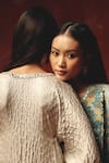 Twenty Nine_Blue Silk Beads, Sequins Split V-neck Embroidered Sea Foam Kurta _at_Aza_Fashions