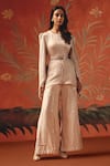 Twenty Nine_Peach Silk Round Neck Moon Dust Designer Top _Online_at_Aza_Fashions