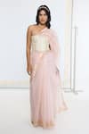 Buy_Ekaya Banaras_Peach Organza, Silk Scalloped Border Saree With Running Blouse _at_Aza_Fashions