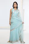 Buy_Ekaya Banaras_Blue Organza, Silk Solid Zari Border Saree With Running Blouse _at_Aza_Fashions