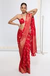 Buy_Ekaya Banaras_Red Satin, Silk Zari Kadwa Tanchoi Saree With Running Blouse _at_Aza_Fashions