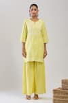 Buy_Samyukta Singhania_Yellow Cotton, Jacquard Embroidery Round Neck Weave Sharara Set 