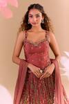 Samyukta Singhania_Peach Chiffon, Silk, Tissue Sequins, Embroidery Sweetheart Hand Lehenga Set_at_Aza_Fashions