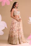 Shop_Samyukta Singhania_Off White Chiffon, Silk, Tissue Embroidery Round Neck Floral Hand Lehenga Set _Online_at_Aza_Fashions