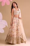 Samyukta Singhania_Off White Chiffon, Silk, Tissue Embroidery Round Neck Floral Hand Lehenga Set _at_Aza_Fashions