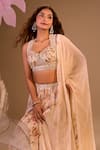 Buy_Samyukta Singhania_Off White Chiffon, Silk, Tissue Embroidery Round Neck Floral Hand Lehenga Set 
