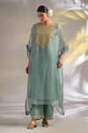 Buy_Ikshita Choudhary_Sky Blue Organza, Chanderi Embroidery Round Neck Hand Kaftan Set _at_Aza_Fashions