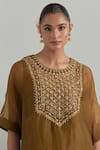 Ikshita Choudhary_Brown Organza, Chanderi Embroidery Round Neck Mud Hand Kaftan Set _at_Aza_Fashions