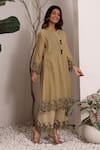 Shop_Sonali Methi_Brown Chanderi Embroidery Collared Mud Kurta Pant Set _at_Aza_Fashions