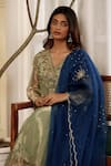 Sonali Methi_Green Tissue Sequins, Embroidery Split V-neck Designer Kurta Set _Online_at_Aza_Fashions