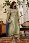 Shop_Sonali Methi_Green Tissue Sequins, Embroidery Split V-neck Designer Kurta Set _at_Aza_Fashions