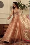 Shop_Sonali Methi_Pink Tissue Embroidery V-neck Lehenga Set _at_Aza_Fashions