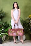 Buy_PickAleaf_Brown Embroidery Blossom Wood Duffel Bag _at_Aza_Fashions