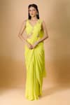 Buy_Aariyana Couture_Yellow Crepe Beads, Embroidery V-neck Pre-draped Saree With Blouse _at_Aza_Fashions
