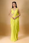 Shop_Aariyana Couture_Yellow Crepe Beads, Embroidery V-neck Pre-draped Saree With Blouse _Online_at_Aza_Fashions