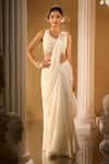 Shop_Aariyana Couture_White Crepe Sequins, Embroidery, Beads V-neck Pre-draped Saree Set 