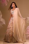 Samyukta Singhania_Off White Chiffon, Silk, Tissue Embroidery Round Neck Floral Hand Lehenga Set _Online