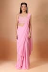 Buy_Aariyana Couture_Pink Georgette Beads, Sequins Sweetheart Neck Padded Pre-draped Saree Set _Online_at_Aza_Fashions