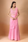 Buy_Aariyana Couture_Pink Georgette Sequins, Embroidery V-neck Pre-draped Saree And Blouse Set _at_Aza_Fashions