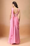Aariyana Couture_Pink Georgette Sequins, Embroidery V-neck Pre-draped Saree And Blouse Set _Online_at_Aza_Fashions