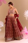 Buy_Samyukta Singhania_Maroon Brocade, Silk Embroidery Round Neck Hand Lehenga Set _at_Aza_Fashions