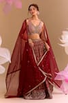 Buy_Samyukta Singhania_Maroon Brocade, Silk Embroidery Round Neck Hand Lehenga Set _Online_at_Aza_Fashions