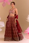 Shop_Samyukta Singhania_Maroon Brocade, Silk Embroidery Round Neck Hand Lehenga Set _Online_at_Aza_Fashions