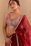 Buy_Samyukta Singhania_Maroon Brocade, Silk Embroidery Round Neck Hand Lehenga Set _Online