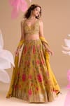 Buy_Samyukta Singhania_Yellow Chiffon, Silk, Georgette Embroidery V-neck Floral Hand Lehenga Set _at_Aza_Fashions