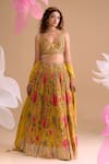 Buy_Samyukta Singhania_Yellow Chiffon, Silk, Georgette Embroidery V-neck Floral Hand Lehenga Set _Online_at_Aza_Fashions