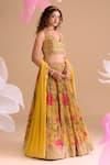 Shop_Samyukta Singhania_Yellow Chiffon, Silk, Georgette Embroidery V-neck Floral Hand Lehenga Set _Online_at_Aza_Fashions