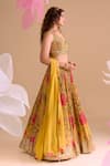 Buy_Samyukta Singhania_Yellow Chiffon, Silk, Georgette Embroidery V-neck Floral Hand Lehenga Set 